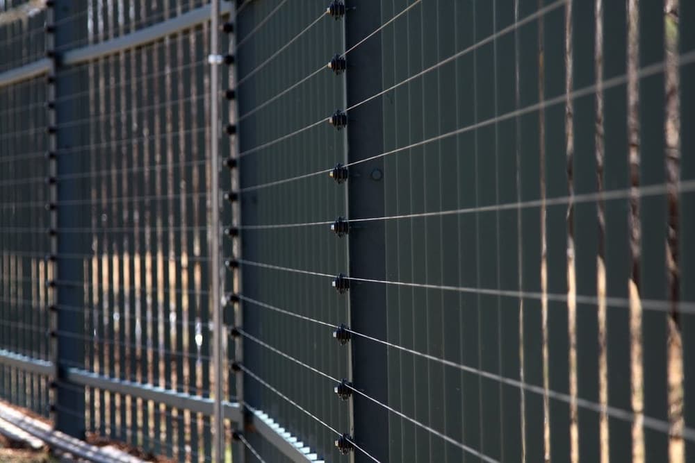Palisade fence topped with electric fencing strands